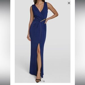 Donna Karan Midnight Blue Maxi Dress with Front Thigh Slit
